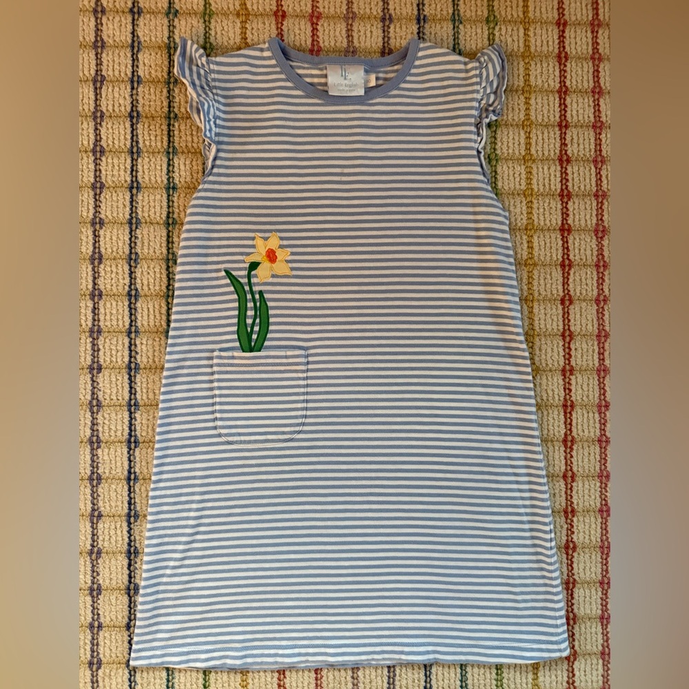 Little English Tilly Pocket Dress Striped Blue & White Dress w/ Daffodil Patch